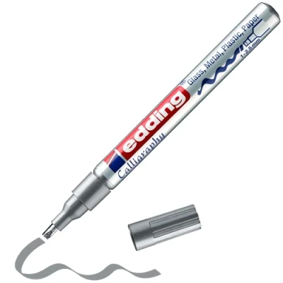 Image of edding 753 gloss paint marker calligraphy silver 1 nib 2.5 mm for glass, stone, plastic, paper waterproof, highly opaque bullet journals, hand lettering