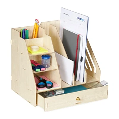 Image of Desk Organiser, Office Supplies and Documents, Different Size Compartments, diy, mdf, 29.5x33x24 cm, Beige Relaxdays