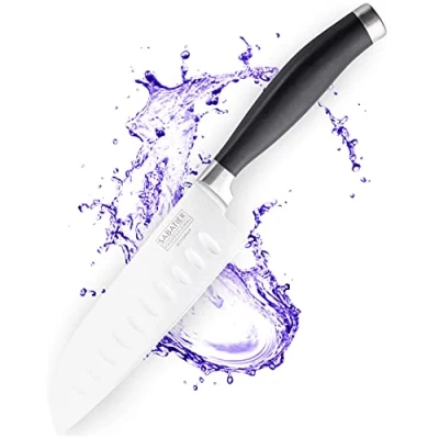 Image of Sabatier Professional Oriental Santoku Kitchen Knife 7in/17.5cm Taper Ground Stainless Steel Blade, Matt Black Rubberised Comfort Handle. Sharp for Longer, Lifetime Performance 25yr Guarantee