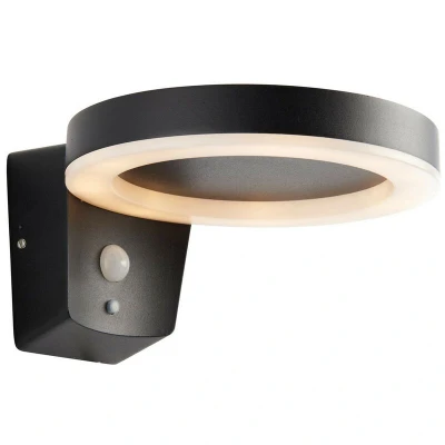Image of Ebro Modern Solar Powered Round Ring LED Wall Lamp Textured Black, PIR Motion &amp; Day Night Sensors, Warm White, IP44