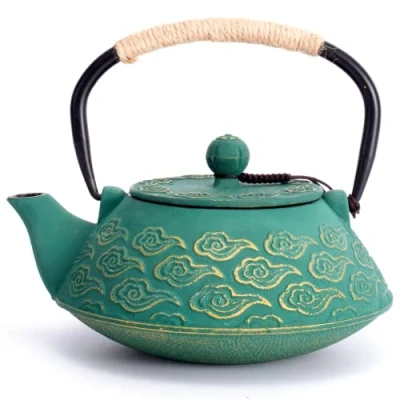 Image of MILVBUSISS Cast Iron Teapot, Japanese Tea Pot with Infuser for Loose Leaf, 800ml Kettle Stovetop Safe Coated Enameled Interior, Clouds Pattern 27oz Green