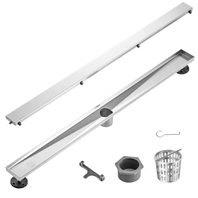 Image of VEVOR 914mm Linear Shower Drain Offset with Tile Insert Cover,Brushed 304 Stainless Steel Rectangle Floor Drain,Linear Leveling Feet,Hair Strainer Silver