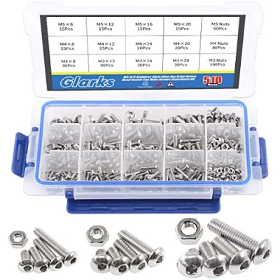 Image of Glarks 510Pcs M3 M4 M5 304 Stainless Steel Allen Hex Drive Button Head Socket Cap Bolts Screws Assortment Kit