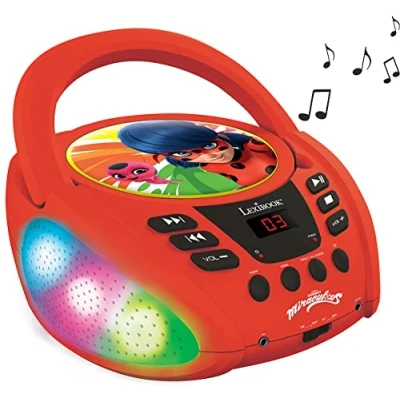 Image of Lexibook RCD109MI Miraculous Bluetooth CD Player for Kids Portable, Multicoloured Light Effects, Microphone, Aux in Jack, AC or Battery Operated, Girls, Boys
