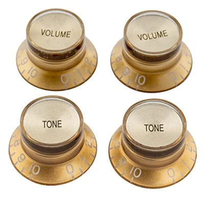 Image of Musiclily Pro Metric Size 18 Splines Top Hat Bell Reflector 2 Volume Tone Knobs Set for Asia Import Guitar Bass Split Shaft Pots, Gold with