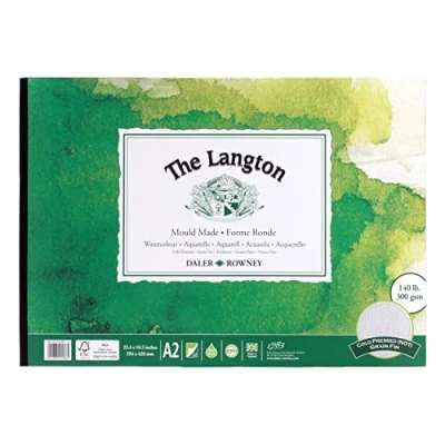 Image of Daler Rowney The Langton Cold Pressed 300gsm A2 Watercolour Paper Pad, Glued 1 Side, 12 Natural White Sheets, Ideal for Professional Artists &amp; Students