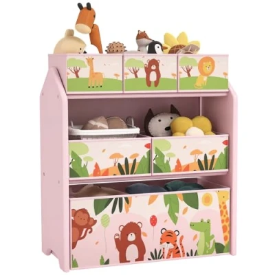 Image of AIYAPLAY Kids Toy Storage Unit, 3 Tier Organiser Shelf with 6 Removable Boxes, for Playroom, Bedroom, Children&#039;s Room, Nursery, Pink