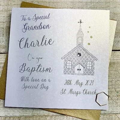 Image of WHITE COTTON CARDS GRANDSON PERSONALISED BAPTISM CARD, CHURCH DESIGN, HAND FINISHED (X) P23 15 B GS