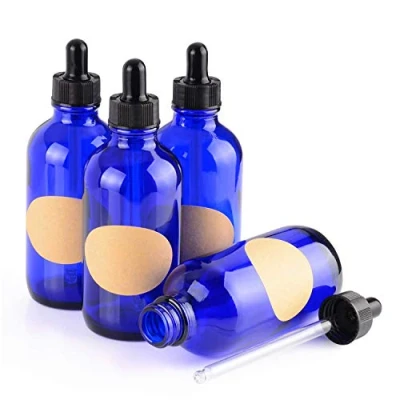 Image of stonylab Cobalt Glass Dropper Bottle 120ml (4 oz) 4 Pack, Blue Empty with and Label for Essential Oils Aromatherapy Fragrances