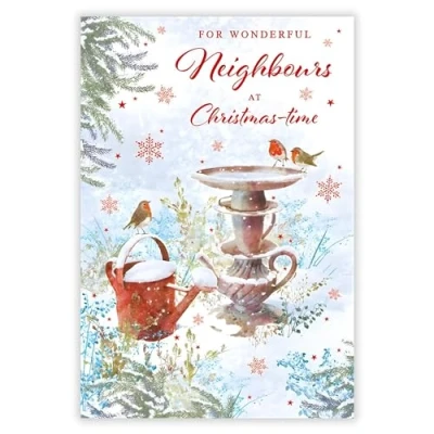 Image of Neighbours Christmas Card Wonderful Robins and Winter Garden Artistic Design Special Finish Illustrated Insert Leaf Made in the UK Eco Friendly