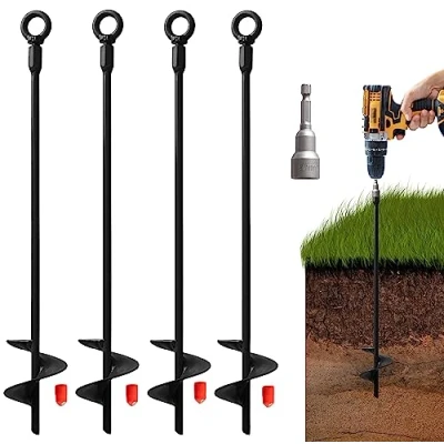 Image of VASGOR 18 Ground Anchors (4pcs) Easy to Use with Drill, 30mm Diameter, Heavy Duty Anchor Hook for Camping Tent, Canopies, Car Ports, Sheds, Swing Sets, Securing Animals Black Powder Coated