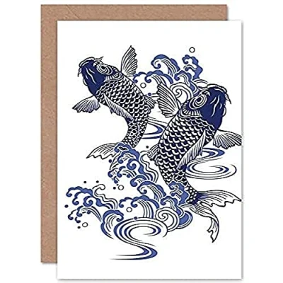 Image of Fine Art Prints Japanese Koi Carp Illustration Greeting Card With Envelope Inside Premium Quality, Bluebeigegreywhite