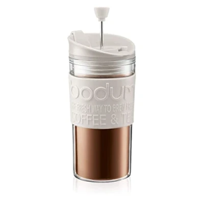 Image of BODUM Travel French Press Coffee Maker Set with Extra Lid, Vacuum, 0.35 L/12 oz, White
