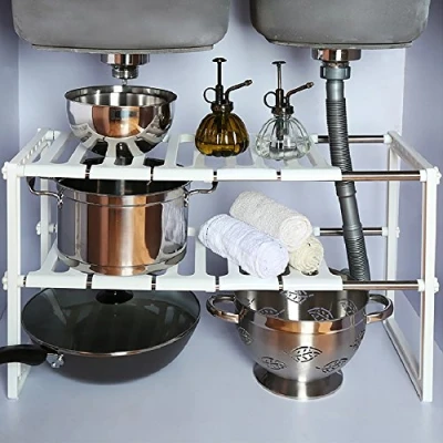 Image of PetHot Kitchen Rack Organiser Adjustable Removeable Under Sink Storage Tidy Unit Shelf Stainless Steel White