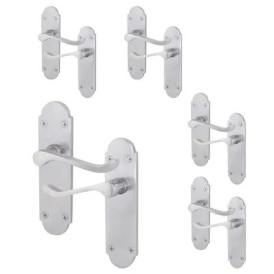 Image of EAI Satin Door Handles Victorian Scroll Shaped 5 Pairs of Internal Chrome Lever Latch on Backplate