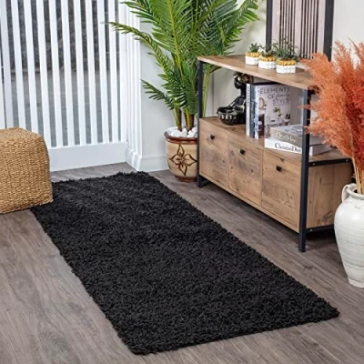Image of Livabliss Home Shaggy Rug Modern Runner Rugs Living Room, Hallway 80x220 cm, Soft for Bedroom Neutral Boho Fluffy Rug, Easy Care Plush Thick Pile Dark Grey