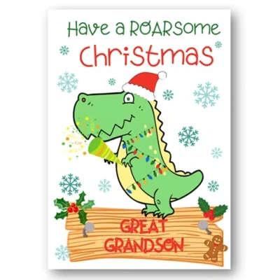 Image of Second Ave Great Grandson Dinosaur Children&#039;s Kids Christmas Xmas Holiday Festive Greetings Card