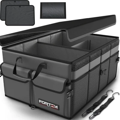 Image of FORTEM Car Boot Organiser, Storage Accessories, Collapsible Multi Compartment Tidy, Non Slip Bottom, Adjustable Securing Straps (Grey, Large)