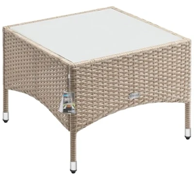 Image of CASARIA® Square Poly Rattan Garden Coffee Side Table Weatherproof With Glass Top 58x58x42cm Height Adjustable Feet Indoor Outdoor Patio Terrace Balcony Conservatory Bistro Beige