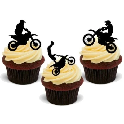 Image of Motocross Silhouette Trio Mix 12 Edible Stand Up Premium Wafer Card Cake Toppers Decorations