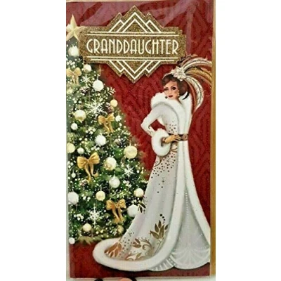 Image of Art Deco Granddaughter Glittered Slim Christmas Card