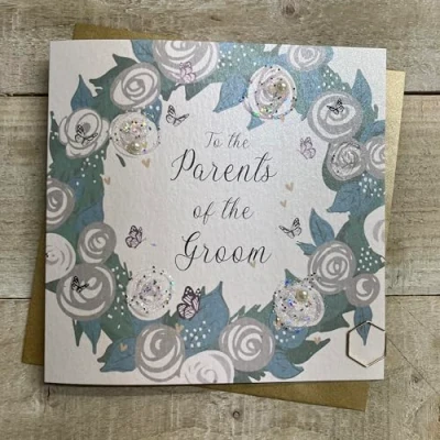 Image of WHITE COTTON CARDS PARENTS OF THE GROOM FLOWER WREATH WEDDING CARD, HAND FINISHED (D18 PG)