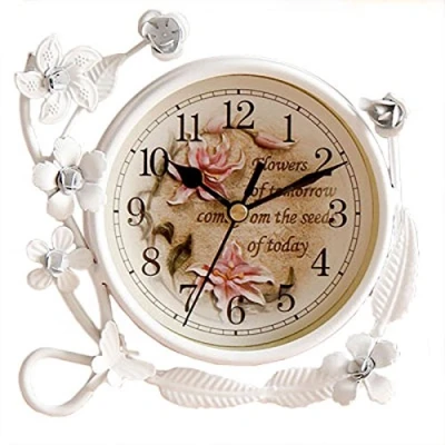 Image of SWHONG White Flower Rustic Iron Table Clock Bedside Bedroom Living Room Silent Desktop Art Home Decor