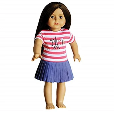 Image of The New York Doll Collection Dolls Outfit for Fashion Includes Mauve Skirt Pink and White Striped Paris Embroidered T shirt Fits 18 inch / 46cm Clothing Accessories