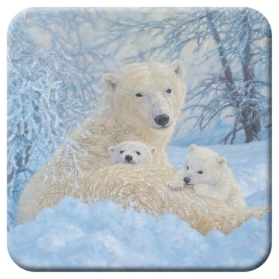 Image of 3D LiveLife Cork Coaster Northern Family from Deluxebase. Lenticular Polar Bear Coaster. Non slip drinks mat with original artwork licensed renowned artist, Beth Hoselton