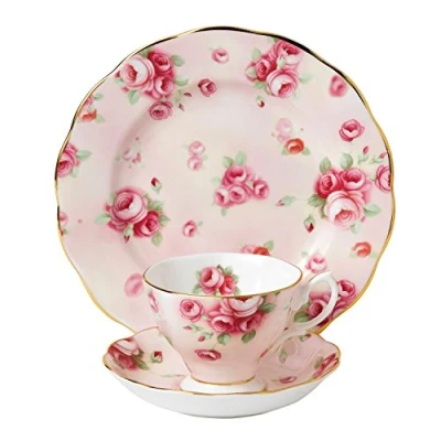 Image of Royal Albert 100 Years 40017535 1980 Rose Blush Teacup, Saucer, Plate 20cm, 3 Piece Set Pink, Bone China, 200 milliliters