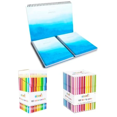 Image of abeec Art Supplies Bundle 180 Colouring Pencils, 100 Felt Tip Pens, and 3 Pack Sketchbooks (A3 &amp; A4) Perfect for Drawing, Colouring, Creative Projects