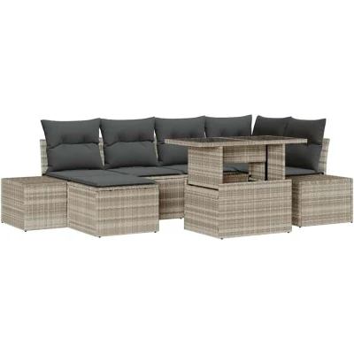 Image of vidaXL 7 Piece Garden Sofa Set with Cushions Light Grey Poly Rattan