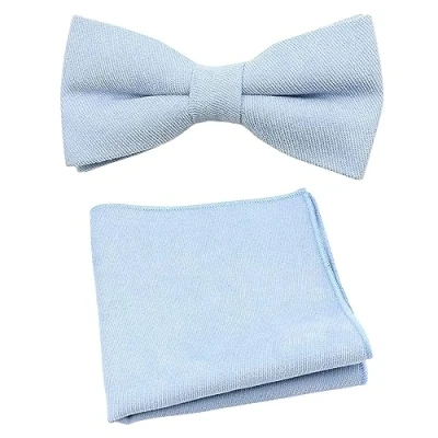 Image of Men&#039;s Luxury Cotton Blend Pre Tied and Fully Adjustable Bow Tie &amp; Pocket Square Set (Soft Blue) suitable for formalwear, office, weddings, parties, grooms groomsmen outfits