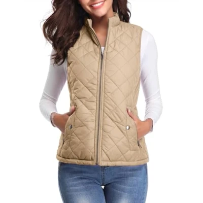 Image of fuinloth Women&#039;s Quilted Gilet, Lightweight Body Warmer Zip Padded Stand Collar Vest Khaki Small