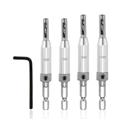 Image of 4 Piece Hinge Drill Bit Set, 1 Wrench, Guide, Pilot Hole Bit, Door Drilling, Self Centering Tool Set