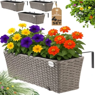 Image of CASARIA® Set of 4 Flower Boxes Weatherproof Rattan Hangable with Mounting Brackets Floating Planters Balcony Windowsill Railing Gate Fence 60x20x19cm 11 L Cream