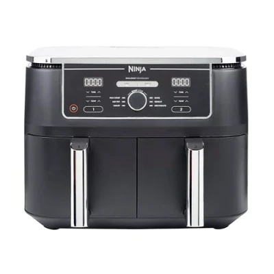 Image of Ninja Foodi Max Dual Zone Digital Air Fryer, 2 Drawers, 9.5L, 6 in 1, Uses No Oil, Crisp, Roast, Bake, Reheat, Dehydrate, Cook 8 Portions, Non Stick Dishwasher Safe Baskets, Black AF400UK
