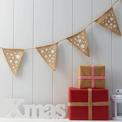 Image of Ginger Ray White Star Hessian Christmas Burlap Bunting Vintage Noel, Fabric, Brown