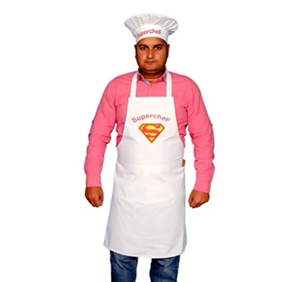 Image of Sterling Smart® Mens Cotton APRON &amp; Hat Set Cooking Chef Kitchen Novelity BBQ Funny Novelty Grilling Ideas BAKEWARE (Super White Set)