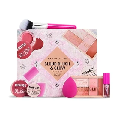 Image of Revolution Beauty Cloud Blush &amp; Glow Highlight Makeup Gift Set, 6 Piece Holiday Set with Eyeshadows, Blush, Nourishing Lip Oils, Vegan Cruelty Free