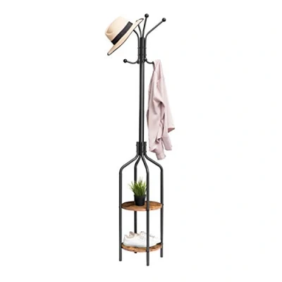 Image of HOOBRO Coat Rack, Stand with 2 Shelves and 8 Hooks, Hall Tree, Free Standing Clothes for Hats, Backpacks, Umbrellas, Hallway, Porch, Metal Frame, Industrial, Rustic Brown EBF81YM01