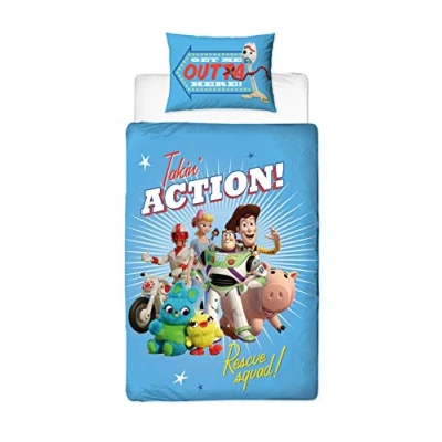 Image of Official Toy Story 4 Single Duvet Cover Rescue Design Reversible Two Sided Bedding Featuring Woody &amp; Buzz Lightyear With Matching Pillow Case