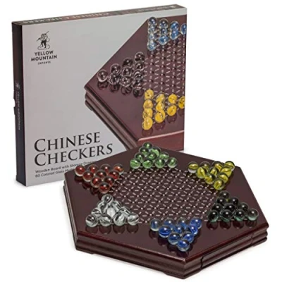 Image of Yellow Mountain Imports Wooden Chinese Checkers Halma Board Game Set (30.5 Centimeters) with Storage Drawer and 60 Colored Glass Marbles (14mm) Classic Strategy
