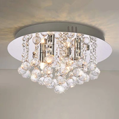 Image of A1A9 Modern Flush Mount Crystal Chandelier, K9 Droplet Round Chrome Ceiling Lights, Elegant LED Pendant Lamp Fixture for Living Room, Dining Bedroom, Lounge D35cm (4 Lights)