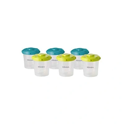Image of BÉABA Set of 6 Baby Food Storage Container Stackable and clippable pots 100% Airtight with Measurement indication Freezer safe 6x200ml Blue/Yellow