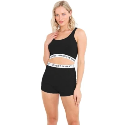 Image of BRAVE SOUL Women&#039;s Plain Stretchy Gym Set 2 Piece Crop Top Vest &amp; High Waist Shorts for Yoga, Running, Workout Breathable, Lightweight, Perfect Activewear Essentials Black M