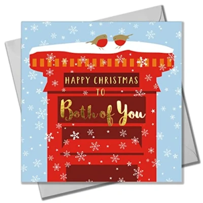 Image of Christmas Card, Both of You Robins &amp; Postbox, text foiled in shiny gold