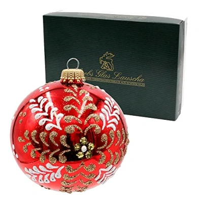 Image of Dekohelden24 Lauschaer KGL10876 Christmas Tree Decorations Set of 6 Glass Baubles in Shiny Red Hand Blown and Decorated Gold White with Crowns Diameter Approx. 8 cm