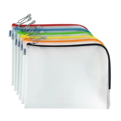 Image of HERMA 20013 Zip Document Bag A4, Pack of 10, transparent (36 x 28 cm) large zippered mesh pouch with zipper for laptop, tablet, books, papers, toys, clear storage wallet zipper, assorted colours