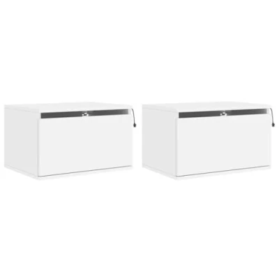 Image of vidaXL Wall mounted Bedside Cabinets in White with LED Lights Modern Floating Side Tables for Bedroom or Living Room
